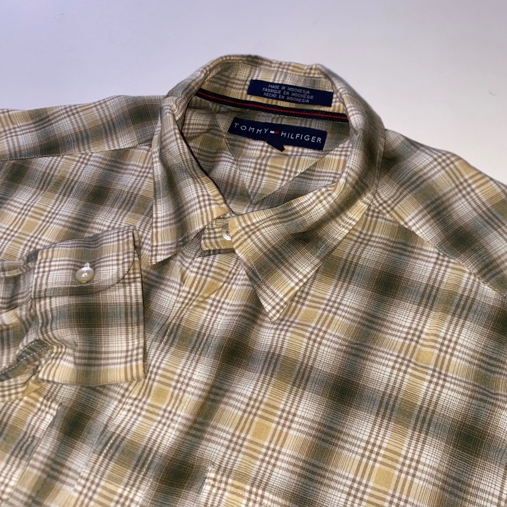 Tommy Hilfiger Mens Large Olive Green Plaid Long Sleeve Button Down Shirt R206